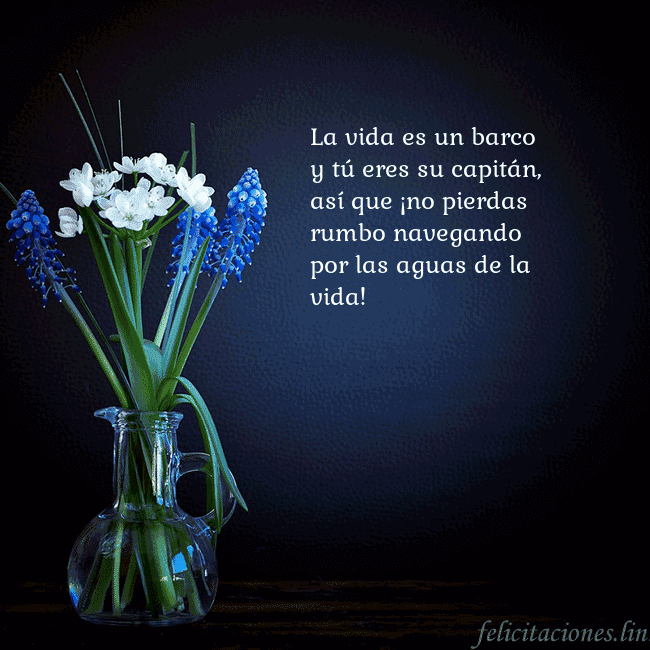 Tarjeta de cumpleaños con flores azules en un jarrón La vida es un barco y tú eres su capitán, así que Tarjeta de cumpleaños con flores azules en un jarrón