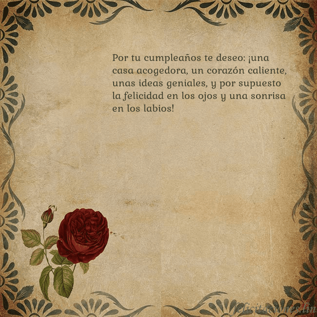 Postal vintage con una rosa Por tu cumpleaños te deseo: ¡una casa acogedora, u Postal vintage con una rosa