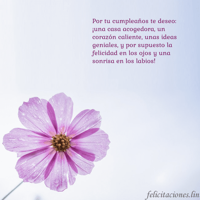 Tarjeta electrónica con flor morada Por tu cumpleaños te deseo: ¡una casa acogedora, u Tarjeta electrónica con flor morada
