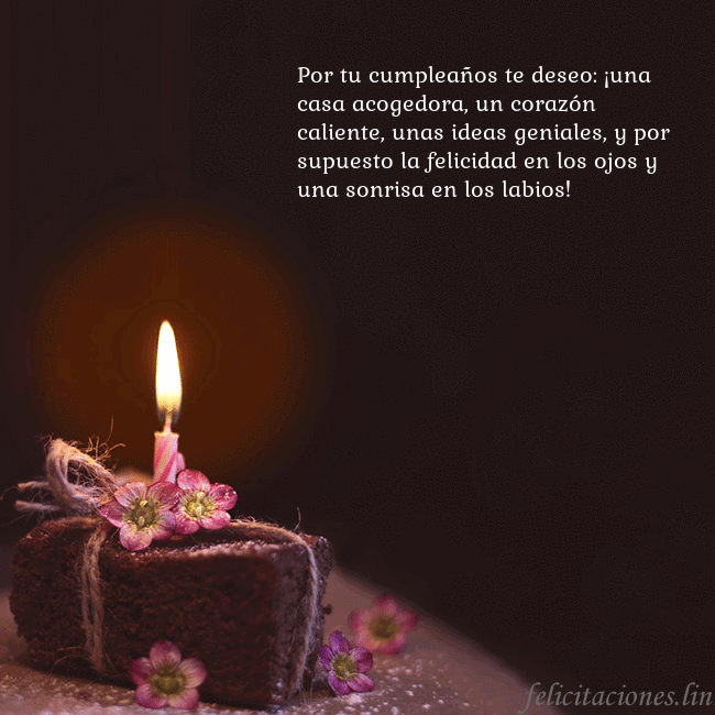 Postal animada: un pastel con una vela encendida Por tu cumpleaños te deseo: ¡una casa acogedora, u Postal animada: un pastel con una vela encendida
