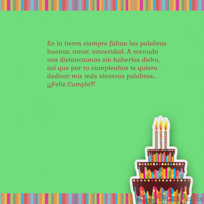 Tarjetas de cumpleaños verde con pastel y vela En la tierra siempre faltan las palabras buenas, a Tarjetas de cumpleaños verde con pastel y vela