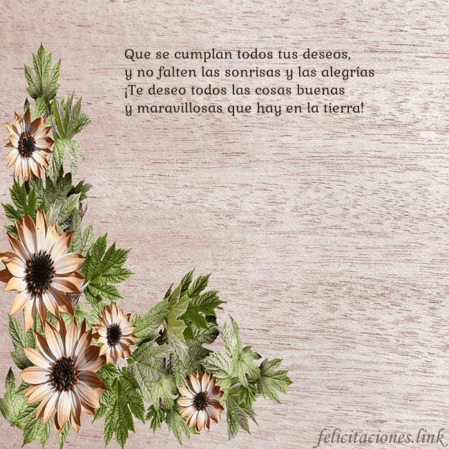 Tarjeta de cumpleaños con flores marrones Que se cumplan todos tus deseos,
y no falten las s Tarjeta de cumpleaños con flores marrones