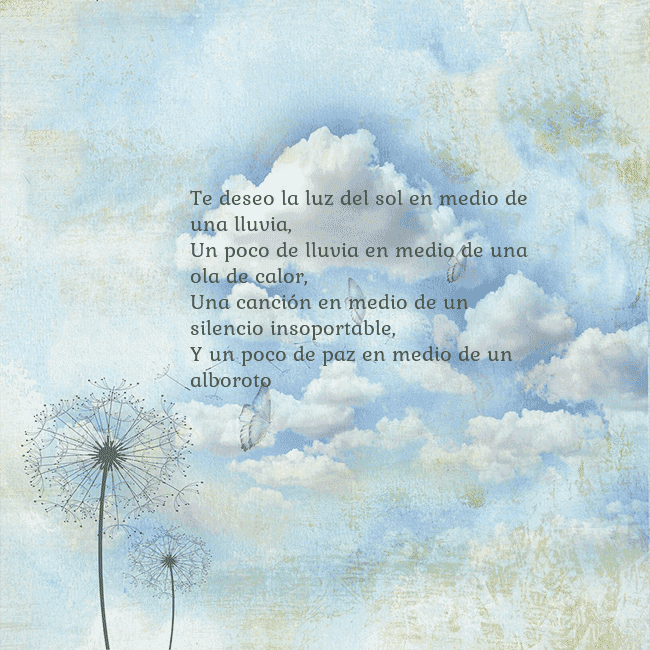 Tarjeta de cumpleaños con nubes, pelusa de leche y mariposa. Te deseo la luz del sol en medio de una lluvia,
Un Tarjeta de cumpleaños con nubes, pelusa de leche y mariposa.