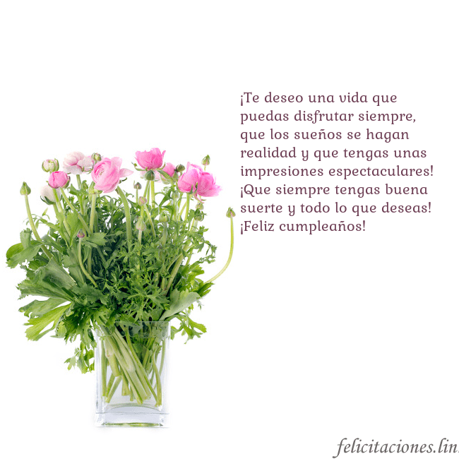 Tarjeta con flores en un jarrón ¡Te deseo una vida que puedas disfrutar siempre, q Tarjeta con flores en un jarrón
