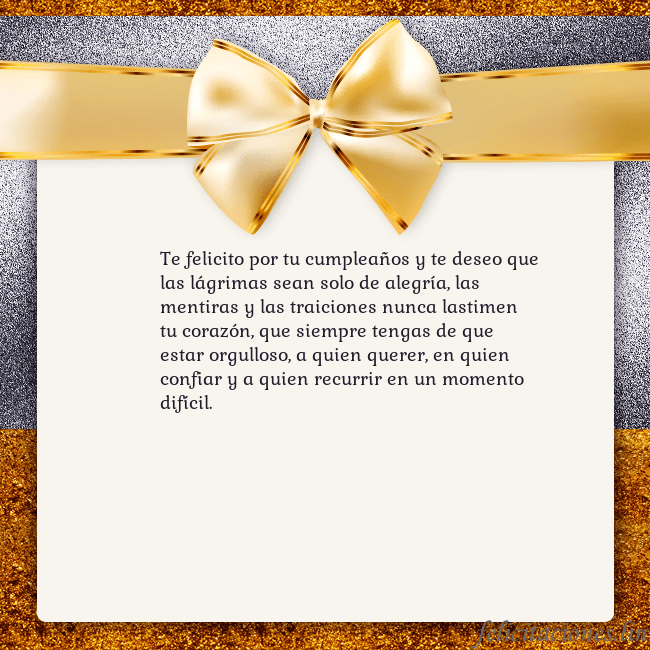 Tarjeta con una gran cinta dorada Te felicito por tu cumpleaños y te deseo que las l Tarjeta con una gran cinta dorada