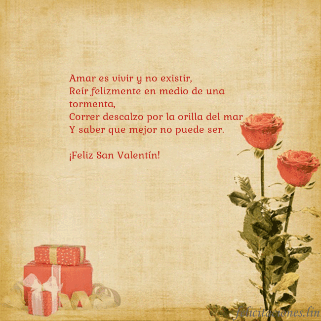 Tarjeta con rosas y regalos Amar es vivir y no existir,
Reír felizmente en med Tarjeta con rosas y regalos