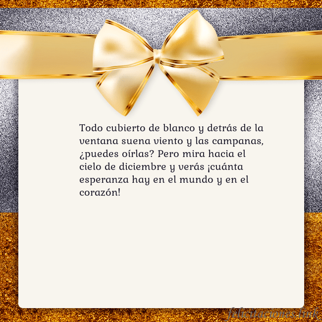 Tarjeta con una gran cinta dorada Todo cubierto de blanco y detrás de la ventana sue Tarjeta con una gran cinta dorada