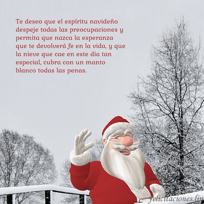 Tarjeta de felicitación con Papá Noel y árboles cubiertos de nieve
