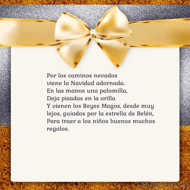 Tarjeta con una gran cinta dorada Por los caminos nevados
viene la Navidad adornada. Tarjeta con una gran cinta dorada
