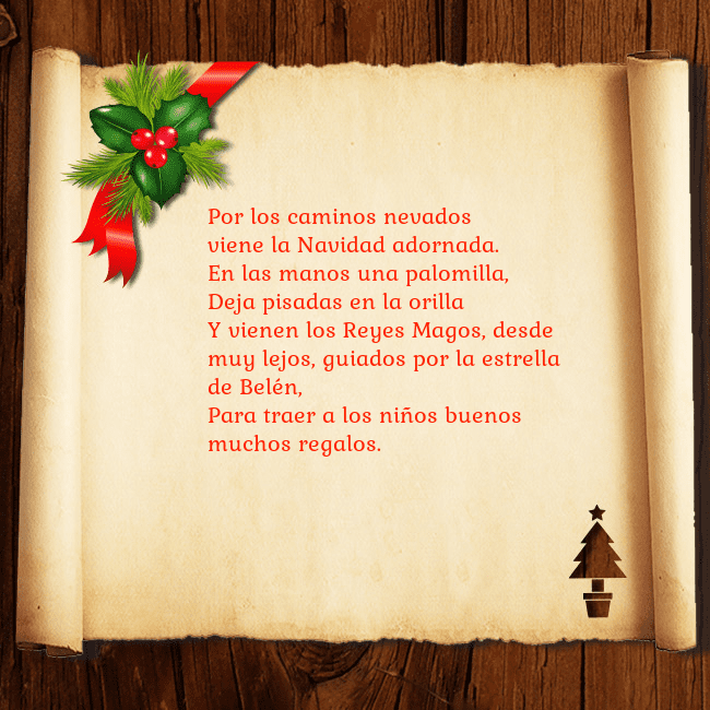 Tarjeta de Navidad sobre madera y pergamino Por los caminos nevados
viene la Navidad adornada. Tarjeta de Navidad sobre madera y pergamino