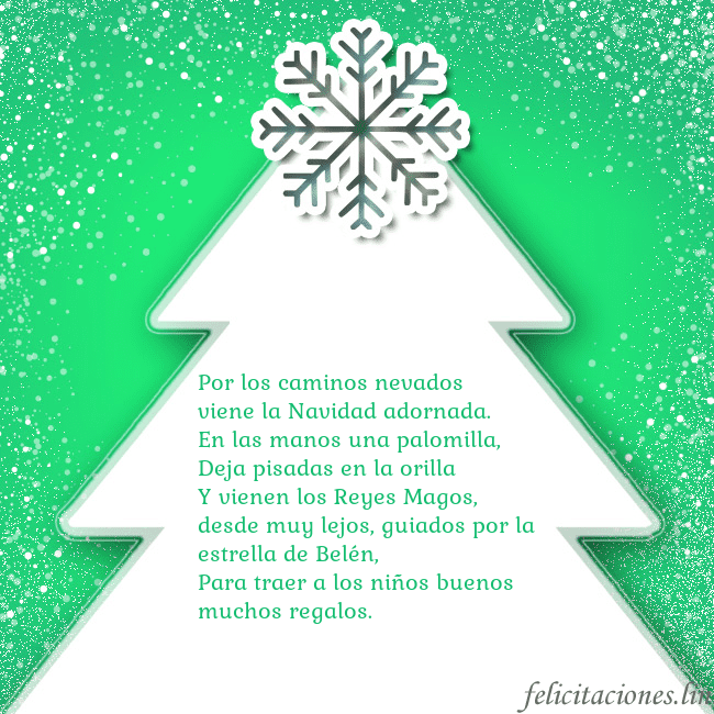 Tarjeta con un gran árbol de Navidad blanco sobre un fondo verde Por los caminos nevados
viene la Navidad adornada. Tarjeta con un gran árbol de Navidad blanco sobre un fondo verde