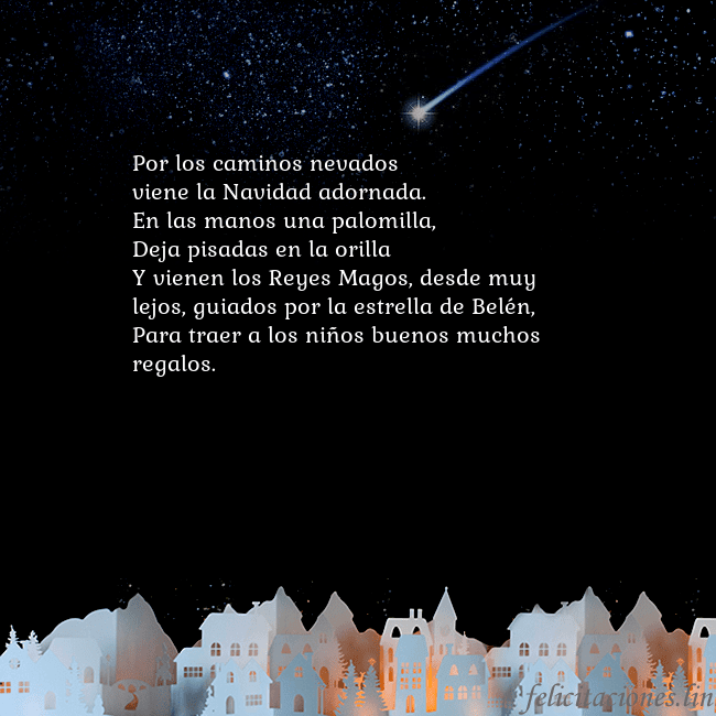 Tarjeta con un cometa Por los caminos nevados
viene la Navidad adornada. Tarjeta con un cometa