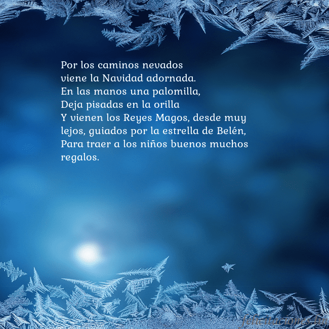 Tarjeta azul con escarcha Por los caminos nevados
viene la Navidad adornada. Tarjeta azul con escarcha