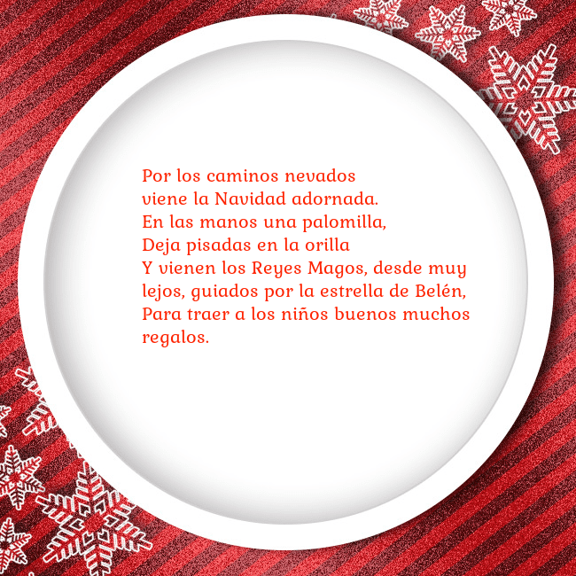 Tarjeta con marco rojo Por los caminos nevados
viene la Navidad adornada. Tarjeta con marco rojo