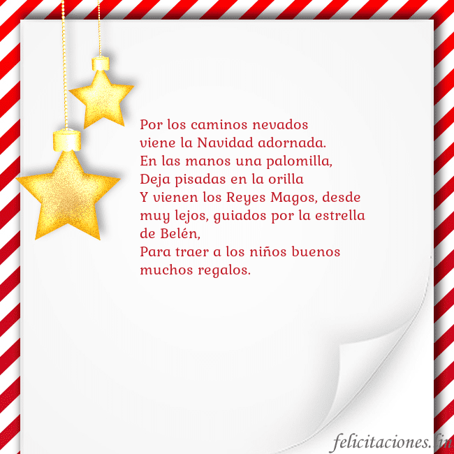 Tarjeta con estrellas doradas Por los caminos nevados
viene la Navidad adornada. Tarjeta con estrellas doradas