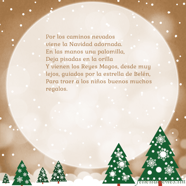 Tarjeta con una gran luna Por los caminos nevados
viene la Navidad adornada. Tarjeta con una gran luna