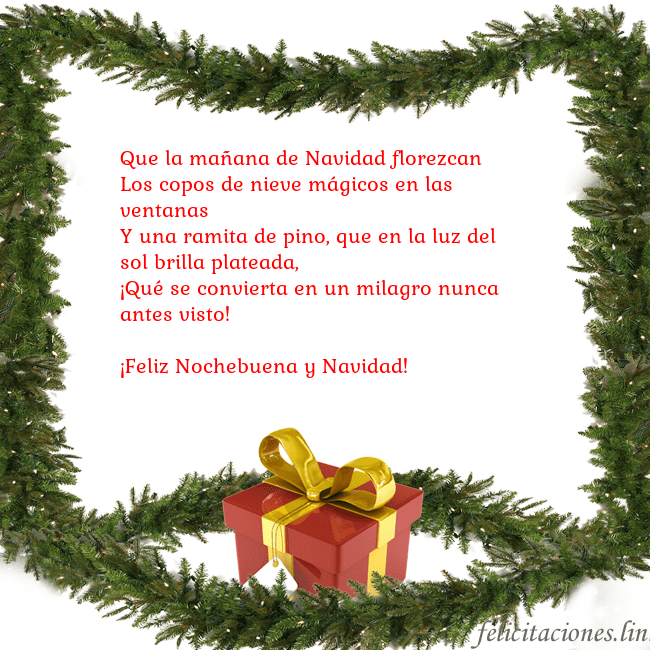Tarjeta con ramas de abeto y regalo
Que la mañana de Navidad florezcan
Los copos de n Tarjeta con ramas de abeto y regalo