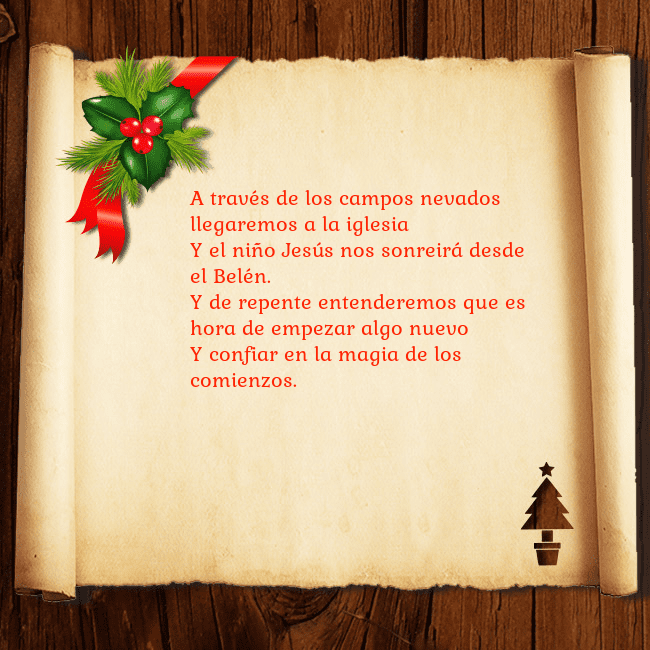 Tarjeta de Navidad sobre madera y pergamino A través de los campos nevados llegaremos a la igl Tarjeta de Navidad sobre madera y pergamino