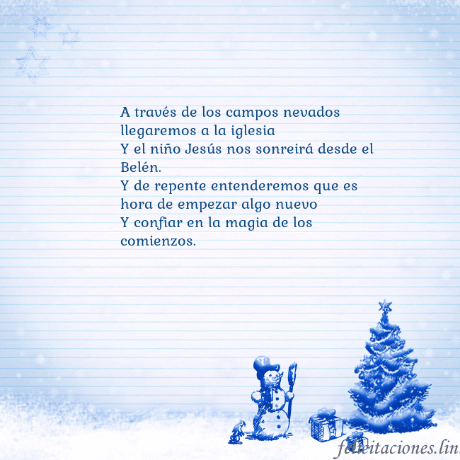 Tarjeta con un muñeco de nieve azul y un árbol de Navidad A través de los campos nevados llegaremos a la igl Tarjeta con un muñeco de nieve azul y un árbol de Navidad