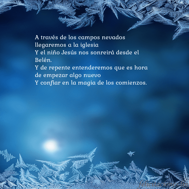 Tarjeta azul con escarcha A través de los campos nevados llegaremos a la igl Tarjeta azul con escarcha