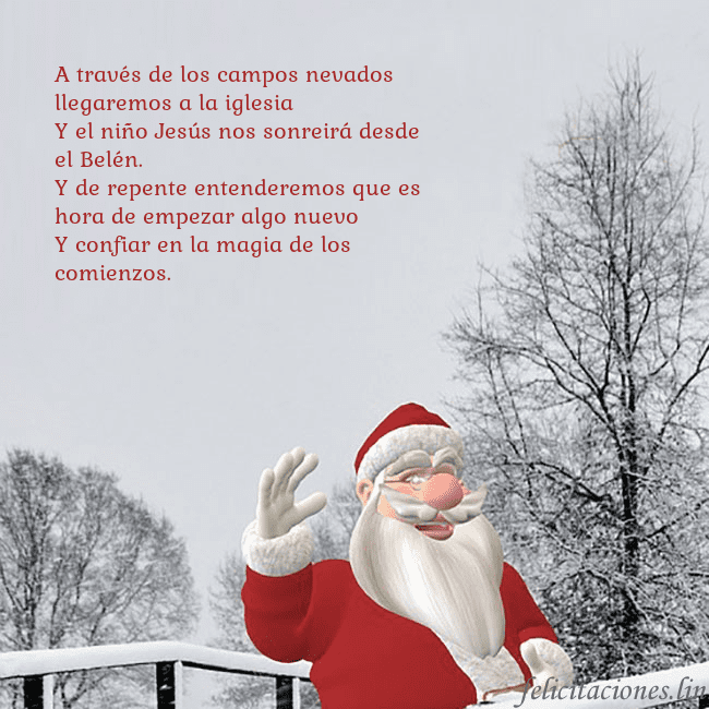 Tarjeta de felicitación con Papá Noel y árboles cubiertos de nieve