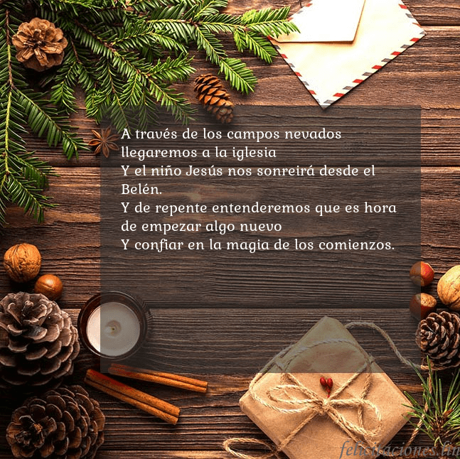 Tarjeta navideña con piñas y rama de abeto A través de los campos nevados llegaremos a la igl Tarjeta navideña con piñas y rama de abeto