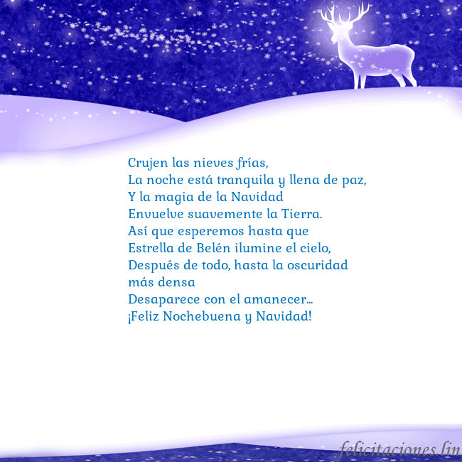 Tarjeta con con nieve y un ciervo brillante Crujen las nieves frías,
La noche está tranquila y Tarjeta con con nieve y un ciervo brillante