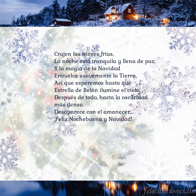 Tarjeta con copos de nieve y pueblo Crujen las nieves frías,
La noche está tranquila y Tarjeta con copos de nieve y pueblo