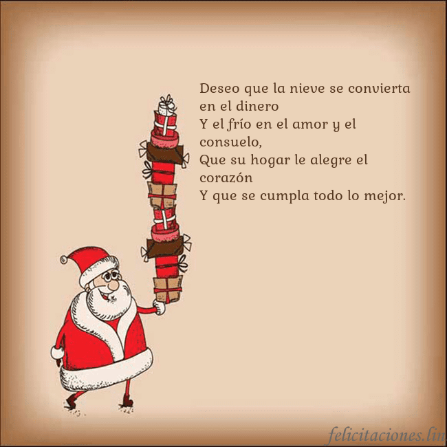 Tarjeta con Papá Noel y regalos Deseo que la nieve se convierta en el dinero
Y el Tarjeta con Papá Noel y regalos